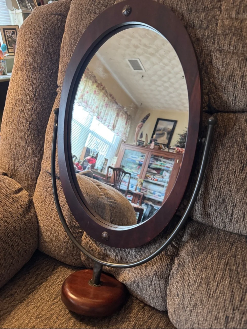 Vintage Mahogany Wood Finish Oval pedestal Vanity Mirror